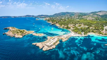 Aerial view of the sea coast and Cala Xinxell, Illetas, island of Mallorca, Spain