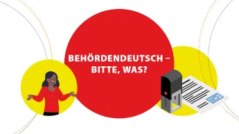 Teaserbild der Infografik Behördendeutsch: Illustration einer verwirrten Frau, eines Dokuments und eines Stempels