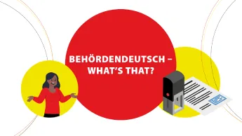 Infographics: Behördendeutsch, what´s that? Illustration of a confused woman, an official document and a stamp