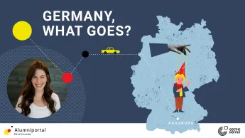 Map of Germany with illustration of a puppet and portrait of Dana Newman