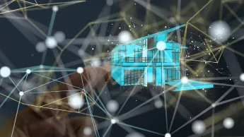 A 3D rendered hologram of a network with an office building