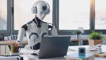 A humanoid robot works in an office on a laptop to listening Music in Headphone, showcasing the utility of automation in repetitive and tedious tasks.