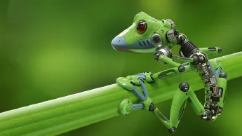 Robotic frog sits on a stem of a plant