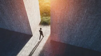 Visualization: A man walks through a concrete gate into a better, greener world