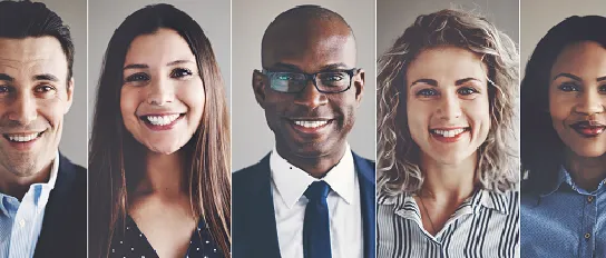 Collage of portraits of an ethnically diverse and mixed-age group of focussed business people